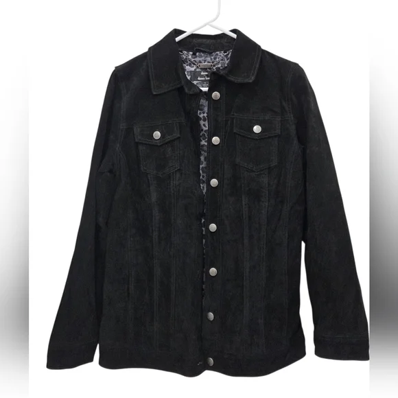 Dennis Basso Suede Leather Button Front Black Jacket Women’s Sz Small Washable - Picture 1 of 16